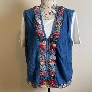 Vintage Style Denim Yo-Yo Flower Trim Vest Blue Americana‎ Button Front Medium